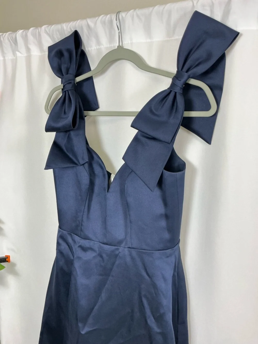 ALFRED SUNG Midnight Navy Satin V-Neck Maxi Gown with Shoulder Bows - Picture 4 of 7